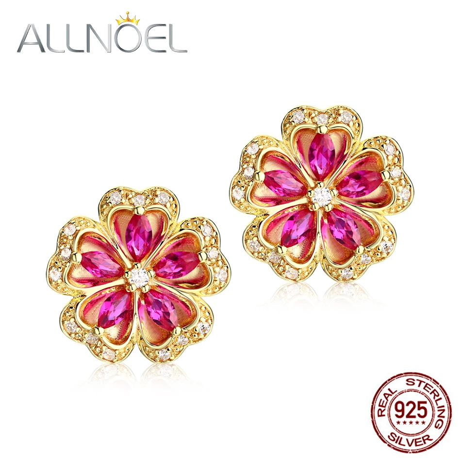 ALLNOEL Настоящее 925 пробы серебряные серьги - гвоздики для женщин 14 к золотой цветок