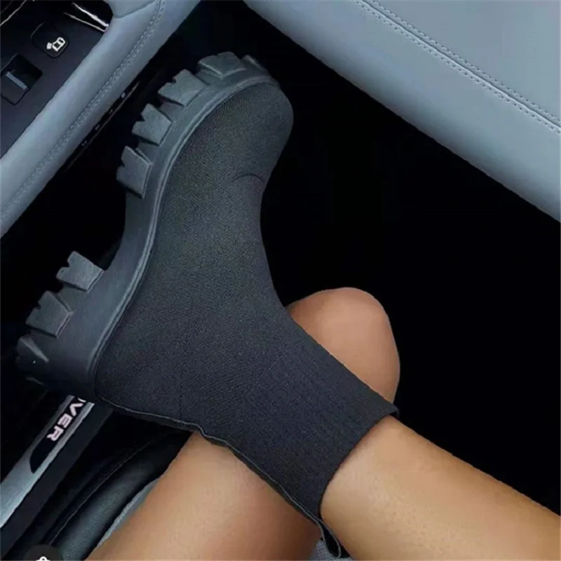 New Socks Shoes Women's Elastic Fabric Middle Calf Casual Thick Soled Boots Knitted Short Boots Women's Boots Large 36-42