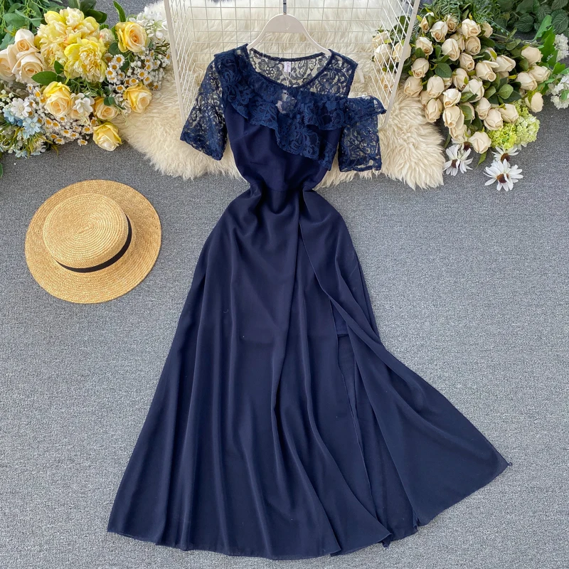 navy blue Платья с открытыми плечами и оборками, тонкое сексуальное кружевное платье с разрезом, весна-лето, туника, повседневные, вечерние, для женщин, миди, длинное, элегантное платье - Цвет: navy blue