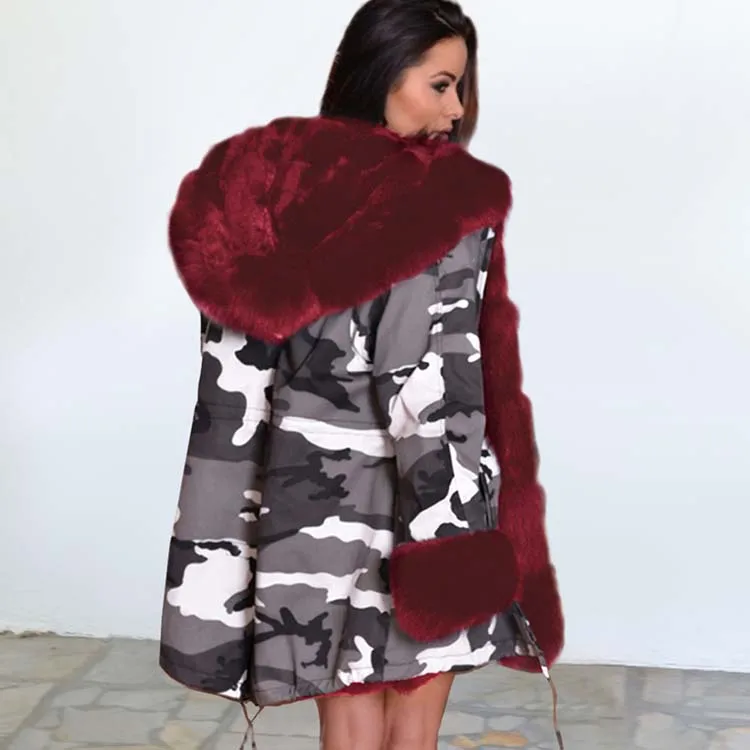 Модные зимние куртки пальто для женщин из искусственного меха с капюшоном Длинные камуфляжные парки хлопок флис женская верхняя одежда плюс размер