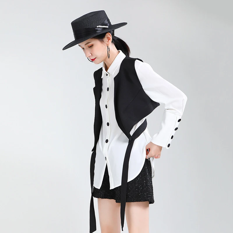 [EAM] Women Black Irregular Split Big Size Blouse