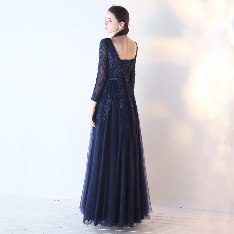 Kyunovia винтажные темно-синие кружевные Длинные вечерние платья трапециевидной формы, натуральные вечерние платья для выпускного вечера с длинными рукавами, вечерние платья с аппликацией E31