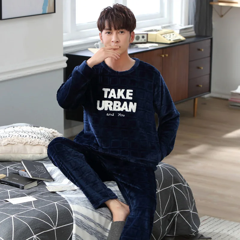 

Thick Warm Flannel Pajamas Sets for Men 2020 Winter Long Sleeve Letter Print Sleepwear Coral Velvet Pyjama Male Homewear Clothes