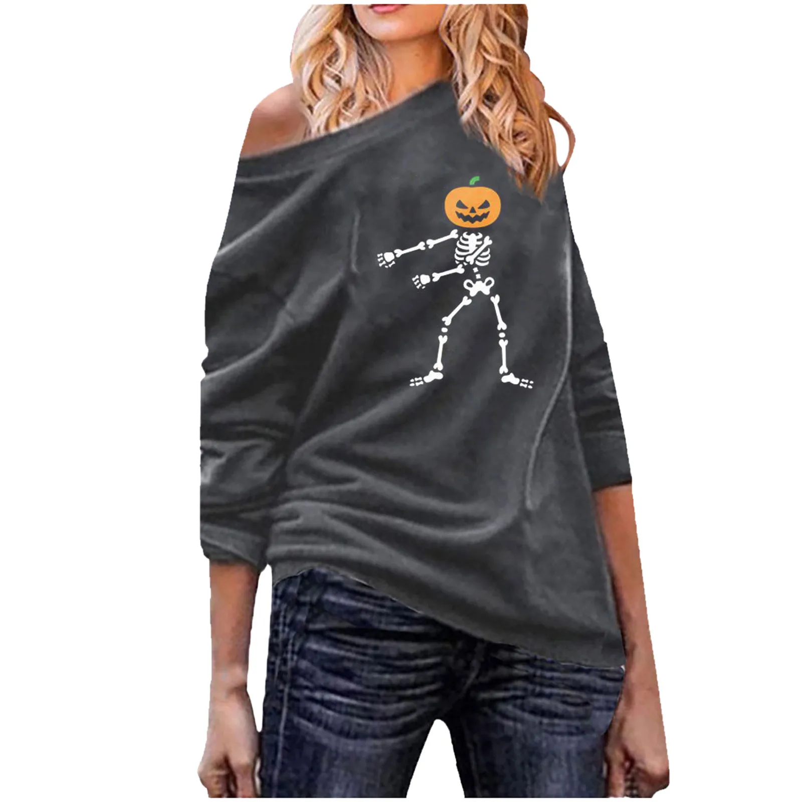 

Women's Sweater Halloween Fashion Hip-Hop Dancing Skull Print Sweaters Round Neck Strapless Knitwear For Female Sweater