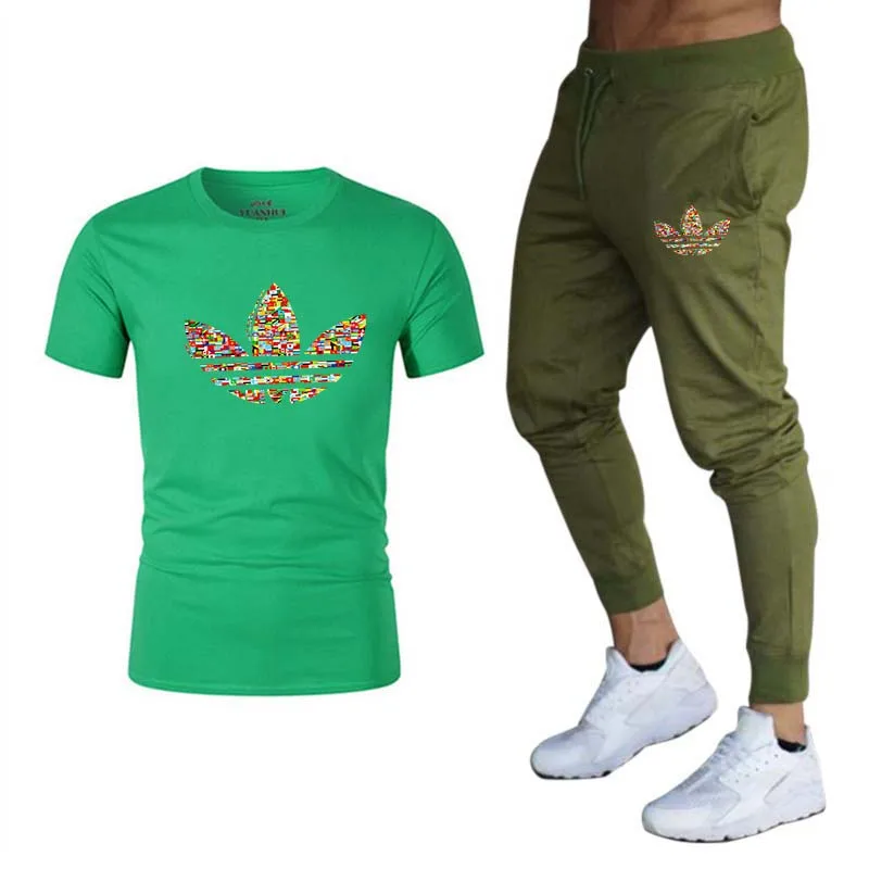 men's casual suit brand spring and summer top short suit for men O collar fashion 2 T-shirt and trousers sport suit - Color: Purple