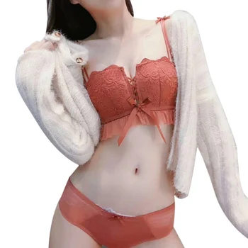 

Fashion Sexy Gathered No Steel Ring Lace Mermaid Bra Set Bow Solid Color Bra Briefs Two Pieces