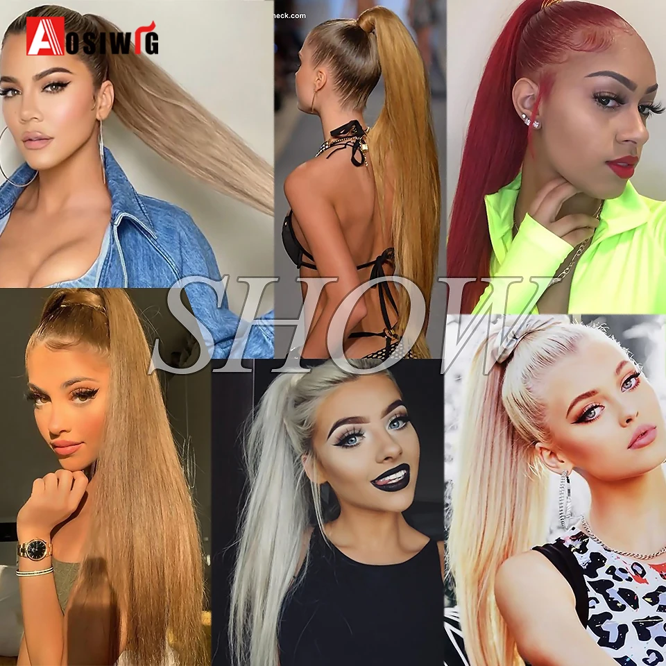 AOSIWIG Long Straight Ponytail Clip in Hair Tail Extension Wrap on Pony Tail Synthetic Natural Fake Hair Pieces