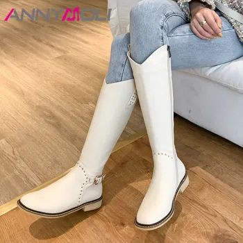 

ANNYMOLI Women Western Boots Shoes Rivet Real Leather Chunky Heels Knee High Boots Buckle Zip Mid Heel Long Boots Lady Beige 40