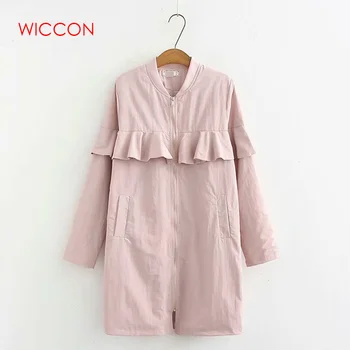 

Female Zipper Casual Ruffles Trench Coat Women Autumn Style V-neck Loose Long Trench Solid Outerwear