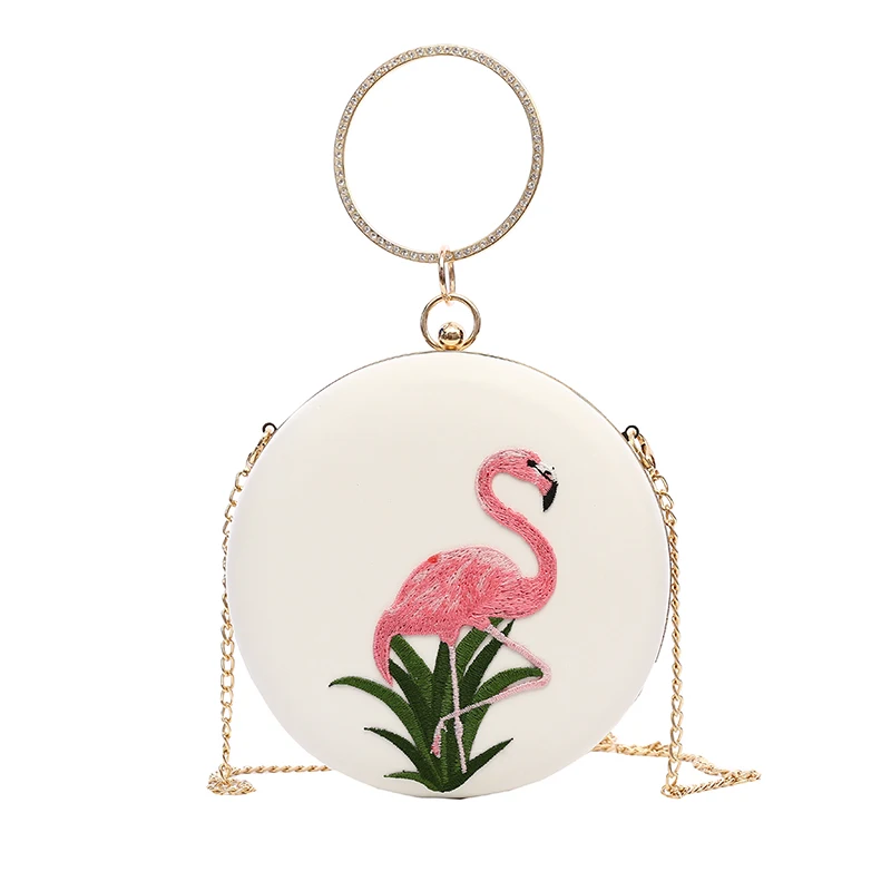 

Fashion Women Pu Leather Circular Shape Evening Bag New Arrival Ladies Bird Round Party Bag Girls Wrist Clutch Bag Diamond Purse