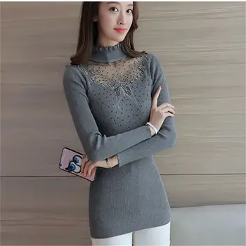 

Autumn Winter Sweaters Women Gray Embroidery Lace Hollow Pullovers Slim Knitted Slim-fit tight Sweater Female Tops
