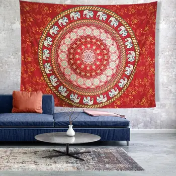 

Indian Elephant Red Print Wall Hanging Carpet Throw Yoga Mat for Home Bedroom Decor Mandala Polyester 150*200 CM Square Tapestry