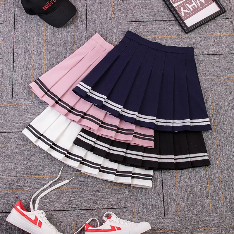 2020Pink Blue Black Women's Skirt High Waist Striped Stitching Fashion Mini Dance Skirt Elastic Waist Sweet Girl Pleated Skirt 2020Pink Blue Black Women's Skirt High Waist Striped Stitching Fashion Mini Dance Skirt Elastic Waist Sweet Girl Pleated Skirt
