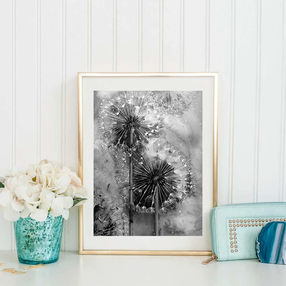 Huacan Diamond Painting Kit Flower Handmade Gift Embroidery Black And White Dandelion Living Room Wall Decoration diamond painting