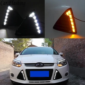 

Car Flashing 1Pair For Ford Focus 3 2012 2013 2014 DRL Daytime Running Lights 12V LED Daylight Fog lamp with yellow turn signal