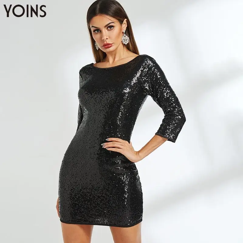 YOINS модное блестящее облегающее мини-платье с блестками и круглым вырезом на молнии сзади 3/4 Длина рукава женское сексуальное облегающее вечернее платье Vestidos