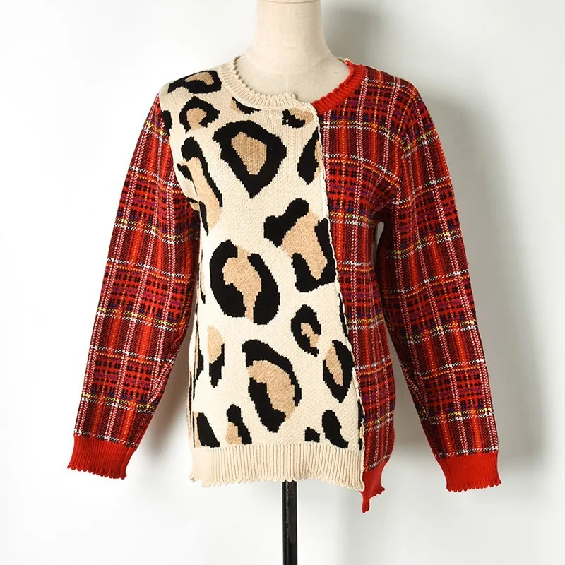 Осень-зима, новые цветные вязаные свитера с леопардовым принтом в красно-черную клетку с длинными рукавами и круглым воротником - Цвет: Красный
