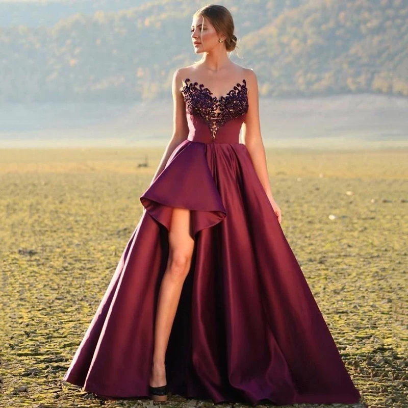 

Eightree Sexy Prom Dresses Illusion Crystal Beading Satin Evening Dress Burgundy Backless Long Side Split Formal Party Gown