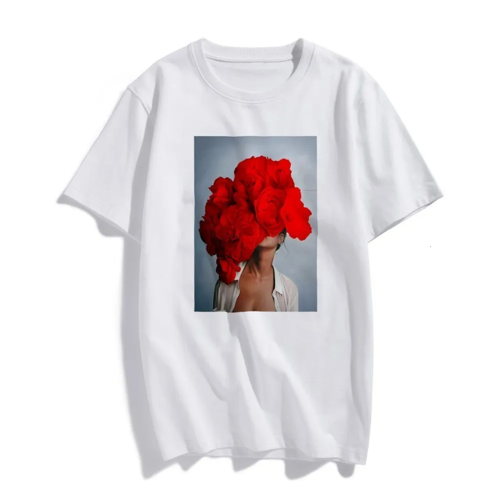 Мода нордическое искусство сексуальные красные цветы Harajuku эстетика футболка для женщин Винтаж короткий рукав размера плюс хлопок футболки уличная одежда