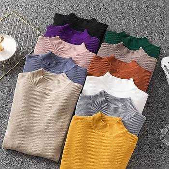 

Sweater Women High Neck Knitted Pullover Sweater 2019 Autumn Winter Clothes Women Solid Casual Slim Basic Knit Tops Pull Femme