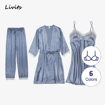 

Women's Robe Gown Sets Built-in Bra Premium Satin Silk Pajamas Pyjamas Sleepwear Nightwear Loungewear Lace Sexy For Female