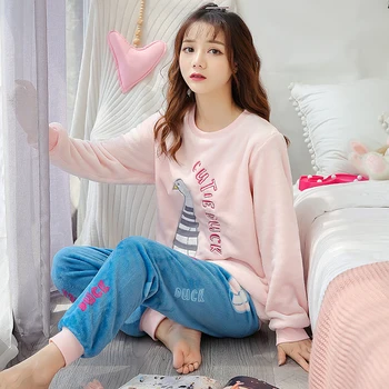 

korean Flannel Warm Pajamas for Women Long Sleeve Home Suit Ladies sleepwear cartoon Velvet Pajama set Thick Feminino Pyjamas