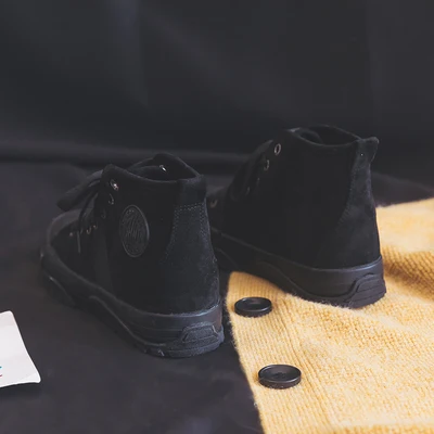 Женская плюшевая теплая обувь модная обувь на меху г. Женские флокированные ботильоны однотонные кожаные туфли на плоской подошве со шнуровкой, цвета хаки, коричневый - Цвет: Черный