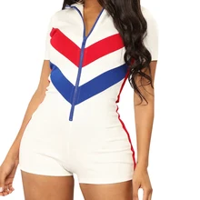 

Women Sexy Zipper Short Sleeve Casual Skinny Jumpsuits 2021 Stitching Color Short Bodysuit Playsuit Sexy Female Sport Rompers