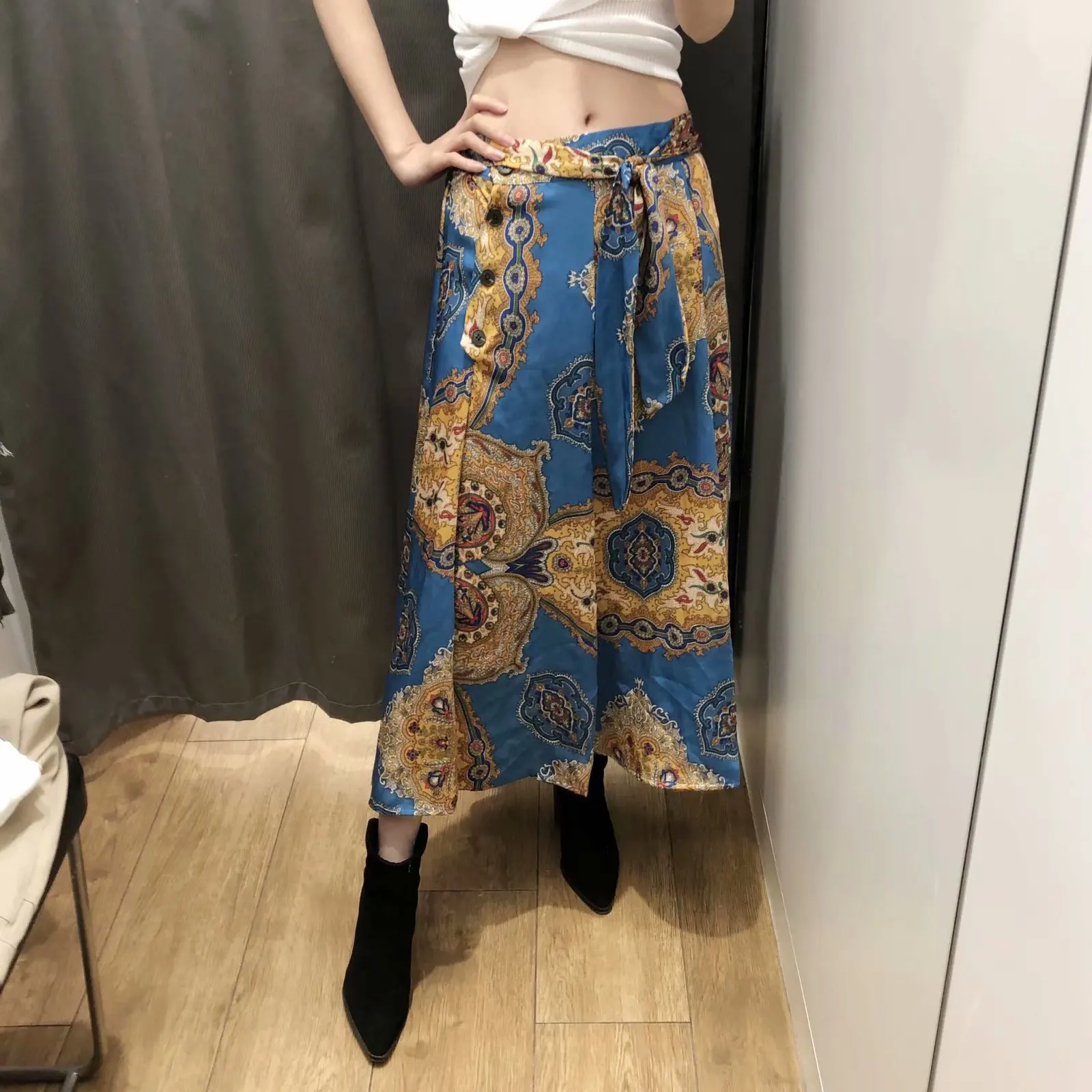 

Europe And America 2019 Spring And Summer Bow Vintage Printed Skirt Women's over-the-Knee Long Skirts High-waisted Big Skirt Fas
