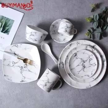 

Fashion Nordic Ceramic Marble Bowl Plates and Tableware Exquisite Coffee Cup Set Simple Creative Mug Western Steak Plate