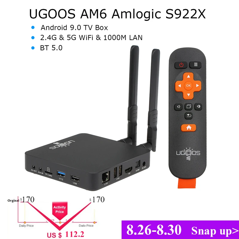 

UGOOS AM6 Smart Android TV Box Android9.0 Amlogic S922X 2GB LPDDR4/16GB 2.4G/5G WiFi BT 5.0 4K HD Media Box Up UGOOS AM3