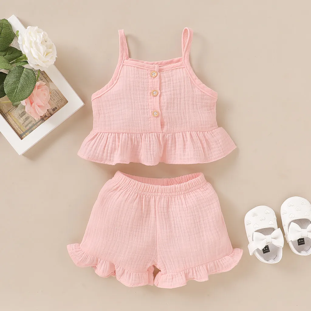 

baby girl clothes set Sleeveless Solid Ruffle Vest bebes Tops+Shorts baby girl outfit Set newborn ropa niño    Z4
