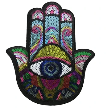 

2020 New Large Hamsa Hand Sequined Iron on Patches for Clothes Colorful God Hamesh Palm Sequins Appliques 2pc