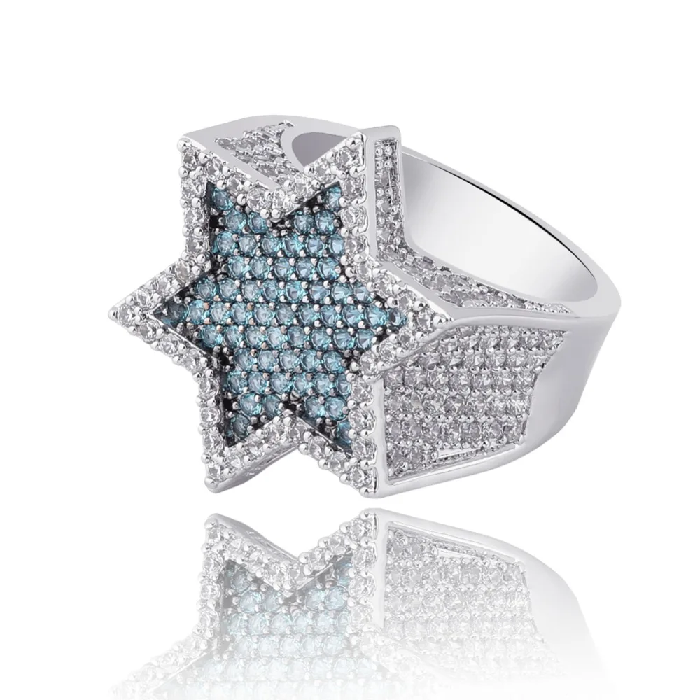TOPGRILLZ шестиугольник звезда Серебряный Синий Iced Out кубический циркон кольца микро проложили личности хип хоп ювелирные изделия для подарков
