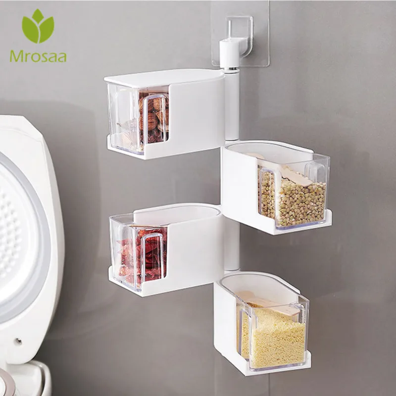 

Clear Plastic Rotatable Kitchen Organizer Spice Storage Container Rack Pepper Seasoning box Wall Transparent Set Spice Jar