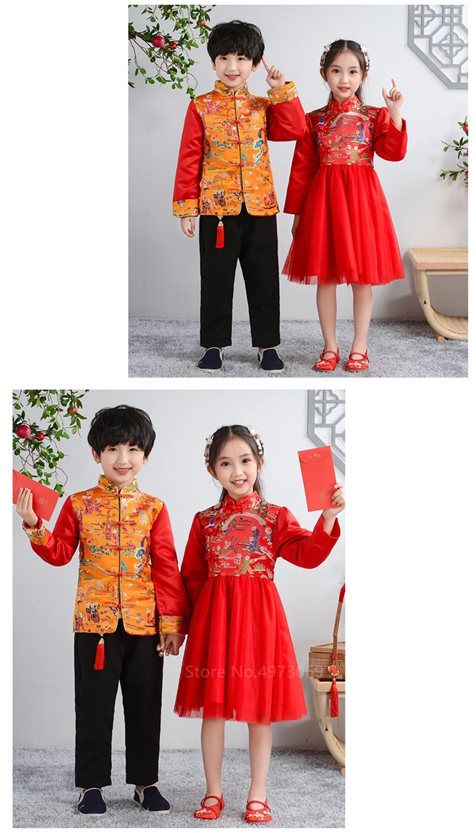 Китайский новогодний традиционный костюм в стиле Тан для девочек; платья для маленьких мальчиков; одежда с вышитым драконом; зимние теплые плотные костюмы