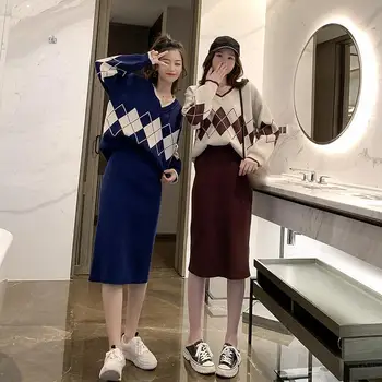 

V-Neck Loose Geometry Pattern Sweater And High Waist Midi Skirt Set Woman Autumn Winter Knit Pullover Skirt Suits