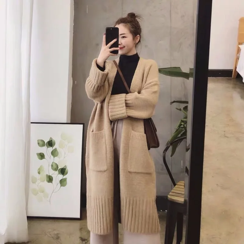 

Lazy Wind Loose Mid-length Sweater Female Long-sleeved V-neck Pocket Solid Color Knitted Cardigan Sweater Women Spring Autumn