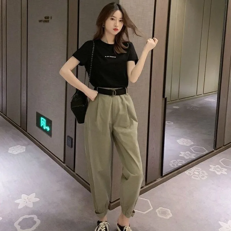 

2019 Women Summer Loose Simple Print Two-Piece Set T-Shirt+Casual Slim Solid Color Beamed Harem Pants