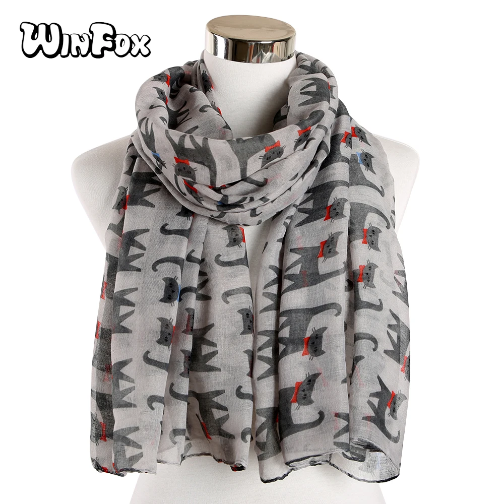 

Winfox New Fashionable Black Animal Cats Print Long Scarves For Women Lady
