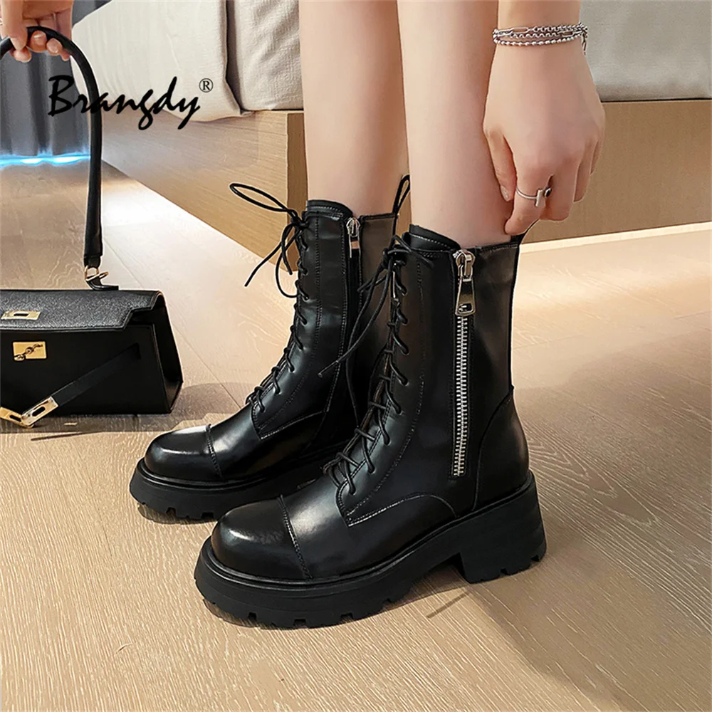 Brangdy Martins Boots For Fashion Ankle Boots Women Cow Leathe Lace-Up Zip Platform Genuine Leather Ladies Winter Boots