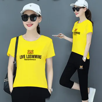 

Cotton Sports Sets for Women Two Piece Outfits Summer Short Sleeve Cropped Pants 2 Piece Set Yellow Clothes Red White Black