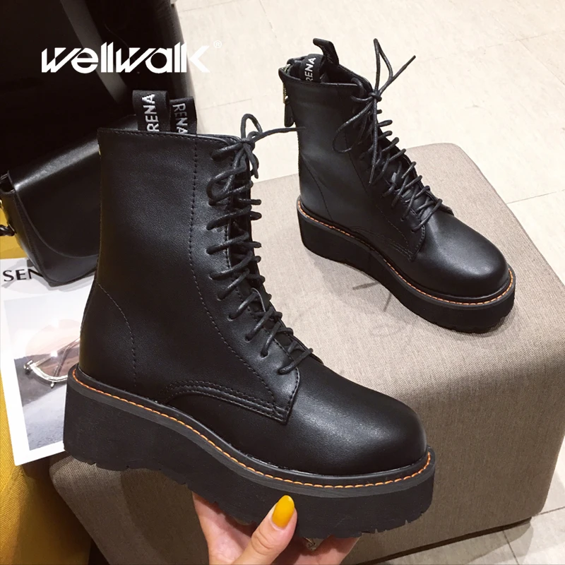 

Mid Short Boots Platform Women Lace-Up Ankle Booties Round Toe Ladies Retro Vintage Winter Shoes Basis Female Fashion Bootees