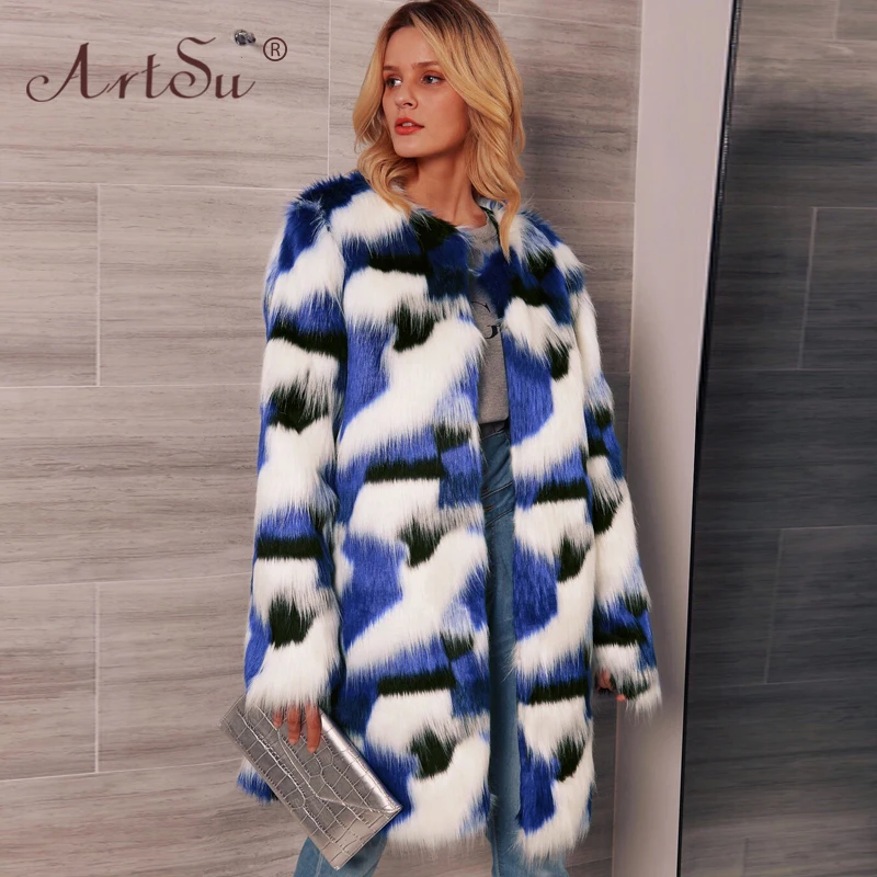 ArtSu 3XL плюс размер женское разноцветное синее длинное пальто из искусственного меха Европейская мода знаменитости верхняя одежда для вечеринки зимнее теплое пальто Femme