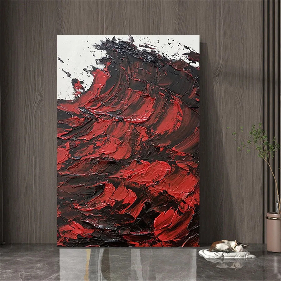 

100%Hand Painted Modern Abstract Texture Canvas Wall Art Red Black Oil Painting On Canvas Home Decor Unique Gift Office Pop Art