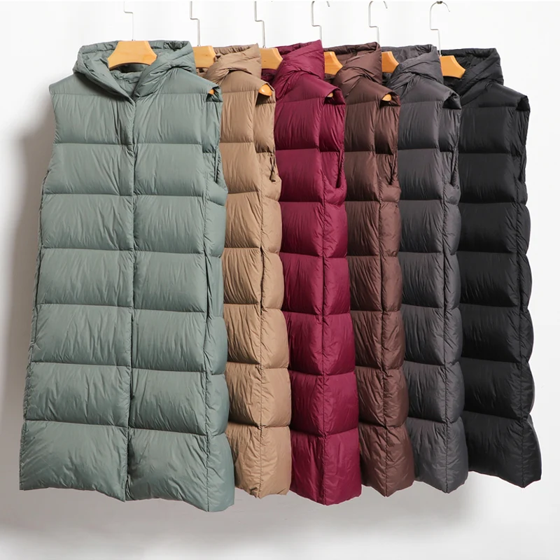 New Autumn Winter Long Warm Duck Down Vest 2025 Women Thick Hoodied Oversize Waistcoat Plus Size 3XL Casual Slim Fit Soft Coat