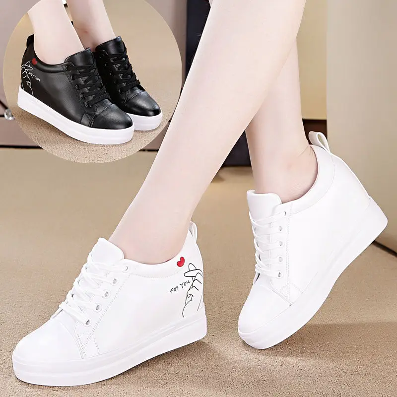 

Elevator shoes Fashion 2020 Women Flats Platform Shoes Casual Wedge Sneakers Spring Autumn PU White Black Female sneakers