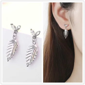 

True Silver 925 Sterling Earrings For Girl Jewelry Bright Crystal Leaf Drop Accessories Stone Carved Flower Earring Lady Bijou
