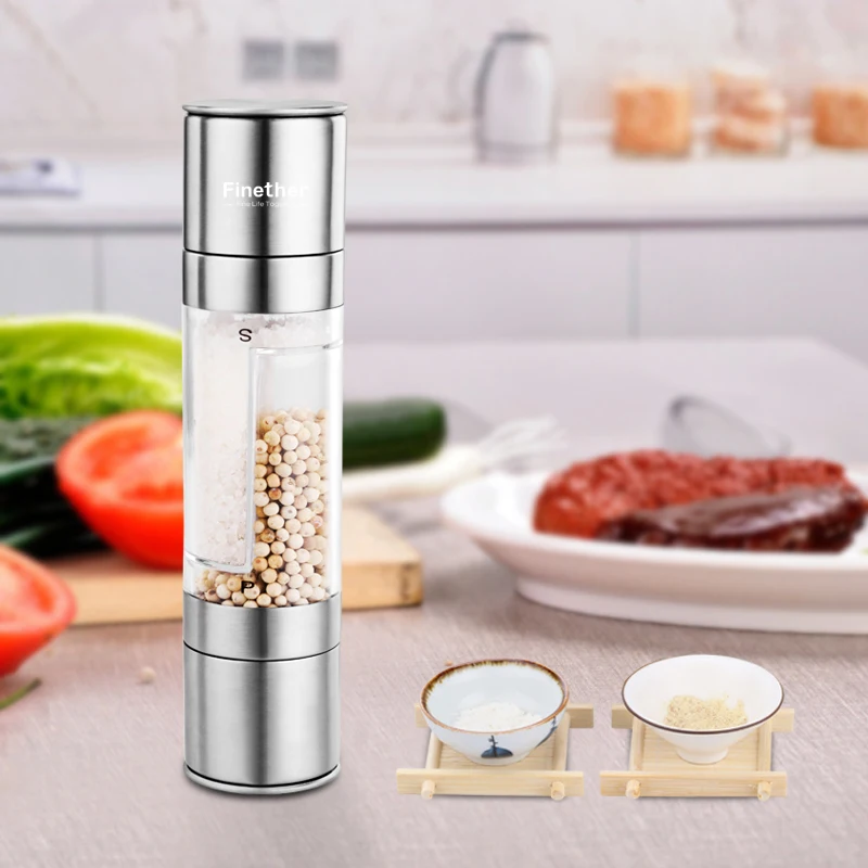 Finether Pepper Mill Grinder 2 In 1 Stainless Steel Manual Salt Pepper Grinder Seasoning Kitchen Tools Grinding for Cooking