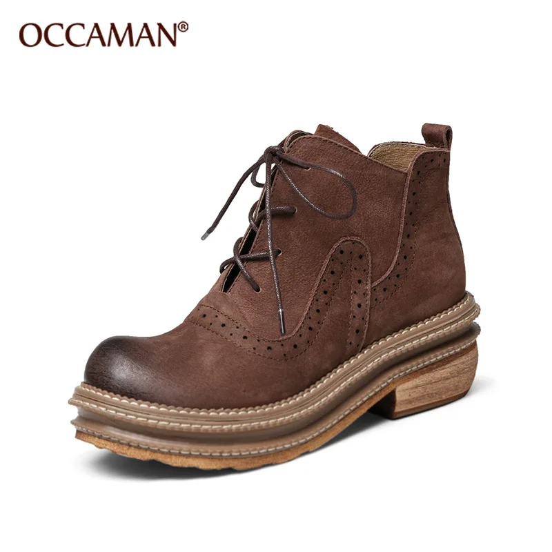 

OCCAMAN Women's Genuine Leather Ankle Boots Autumn Winter Cross Strappy Vintage Women Punk Boots Flat Low Heels Ladies Shoes 95089